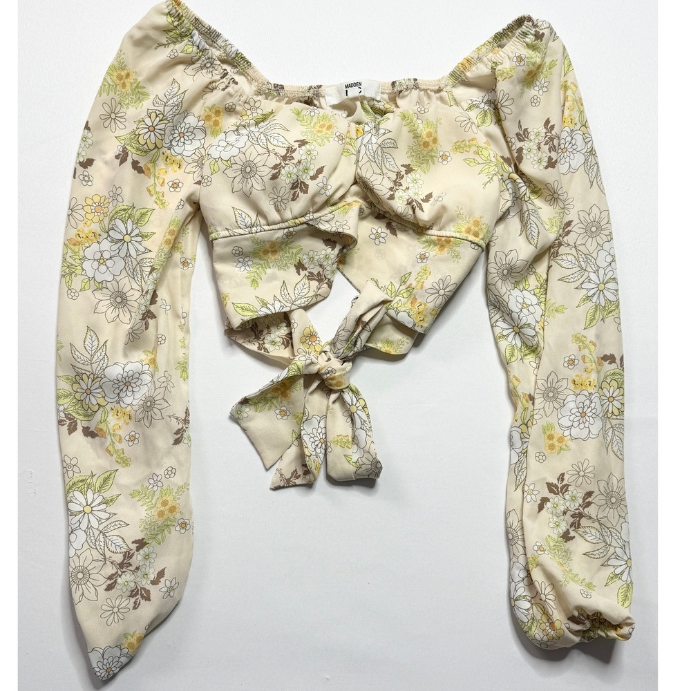 Madden NYC Floral Crop Top‎ Tie Front Long Sleeve Blouse Small
